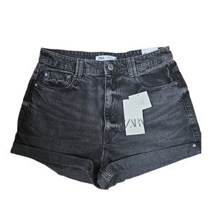 Zara Black Washed High-Rise Rolled Hem Denim Shorts
